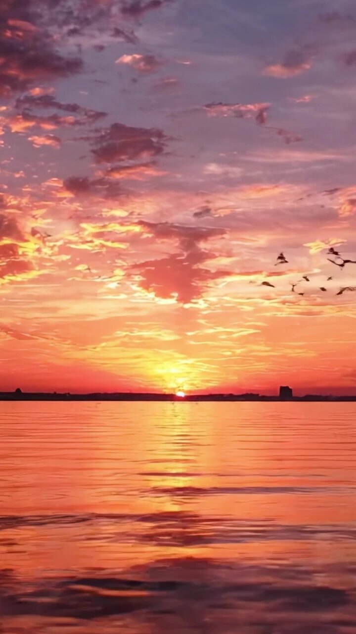 A breathtaking sunset casts vibrant hues across the sky and reflects upon the tranquil waters, showcasing nature's artistry in an enchanting evening tableau.