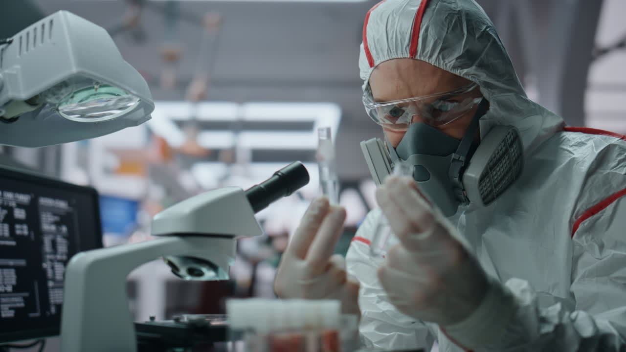 un químico de laboratorio trabajando en un laboratorio experimental en una clínica de trajes de seguridad de cerca.