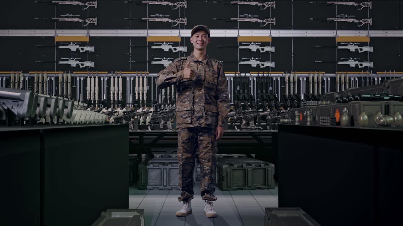 uomo asiatico soldato a figura intera che sorride e mostra il pollice all'insù In un'armeria militare