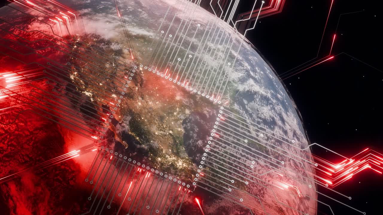 Planet Earth with visible North and Central America at night, surrounded by red digital circuit lines and a cybersecurity padlock overlay. 3D render symbolizing data protection, cyber infrastructure