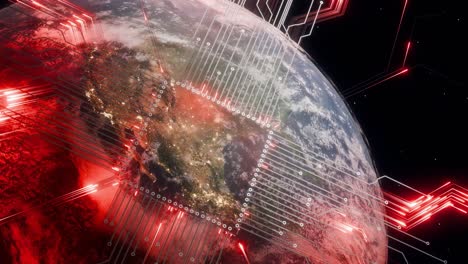 planet earth with visible north and central america at night, surrounded by red digital circuit lines and a cybersecurity padlock overlay. 3d render symbolizing data protection, cyber infrastructure