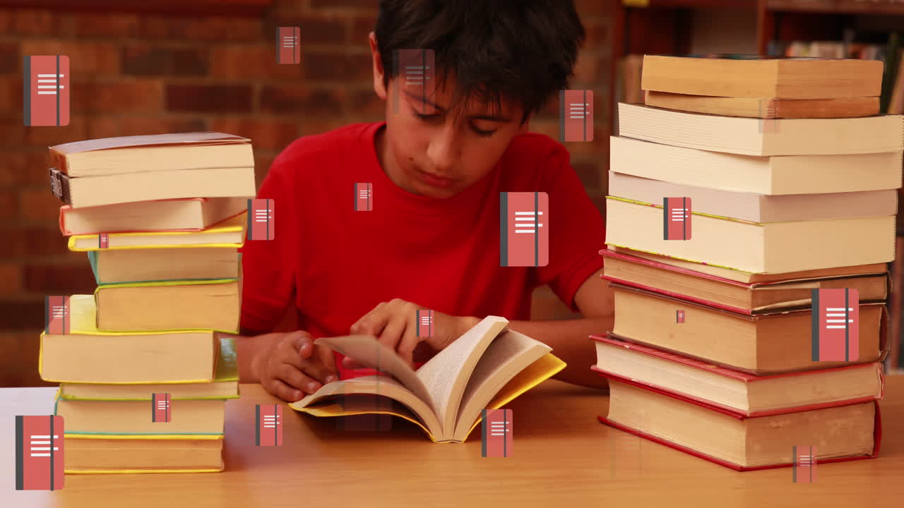 Animation of books moving over schoolboy reading book
