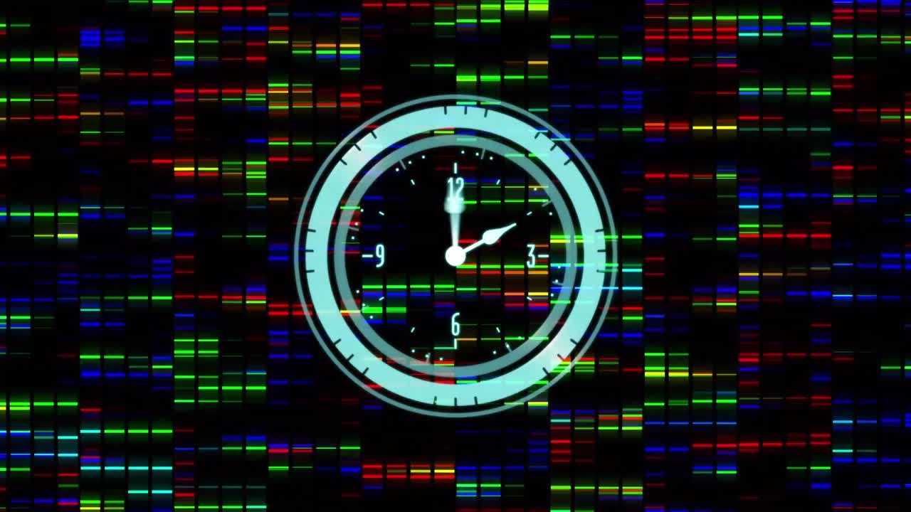 Animation of clock ticking over flickering colourful stripes