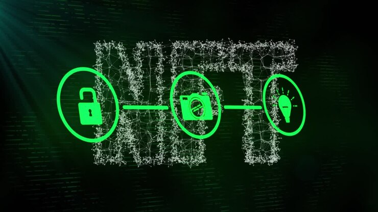 Network of security and media icons over nft text network on black background
