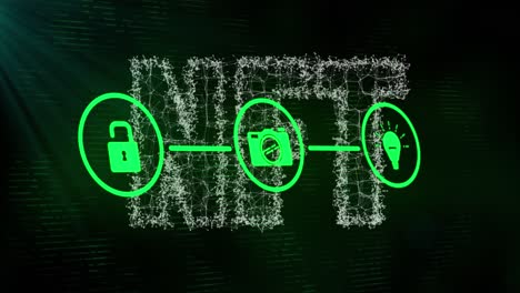 network of security and media icons over nft text network on black background