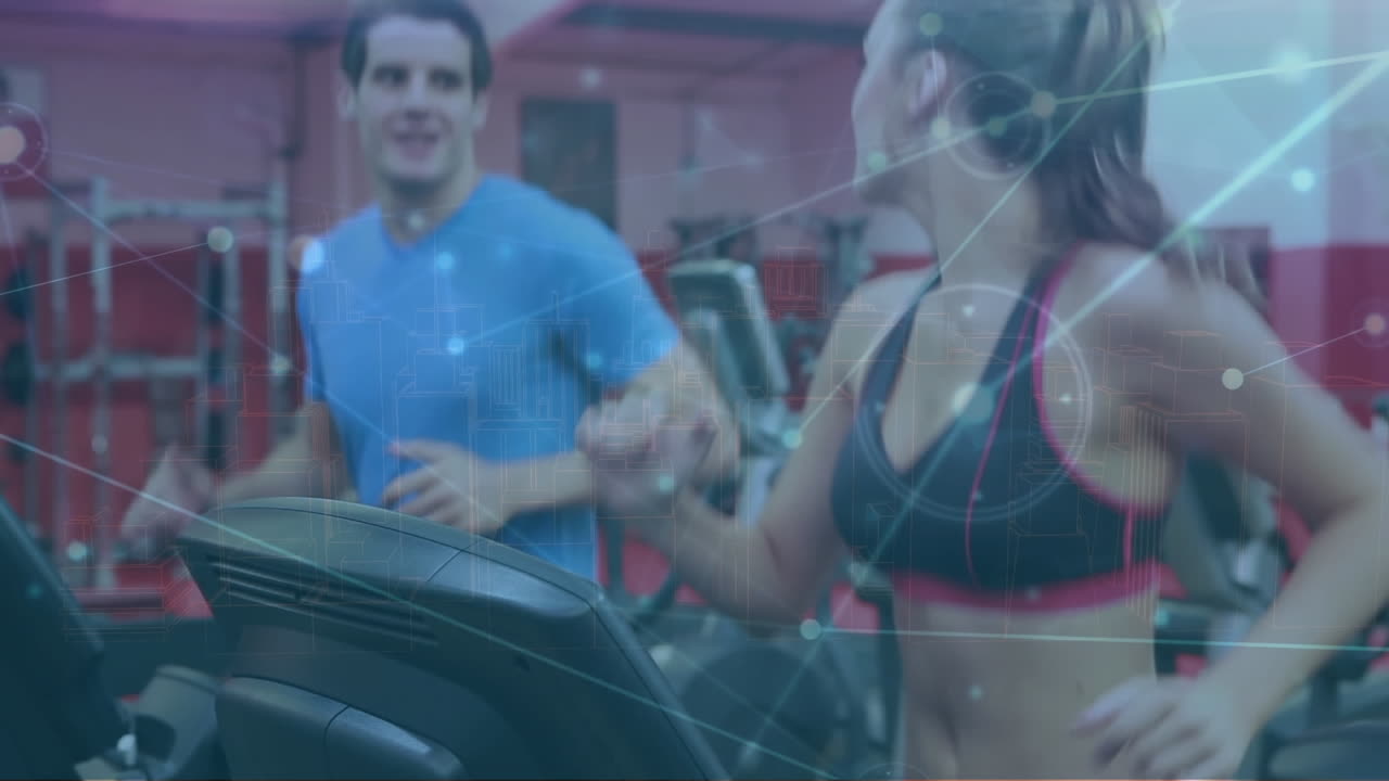 animación de la red de conexiones sobre pareja caucásica en el gimnasio.