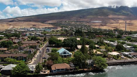 Cinematic-Aerial-Shot-of-the-Historic-Front-Street-Lahaina,-Maui,-Hawaii