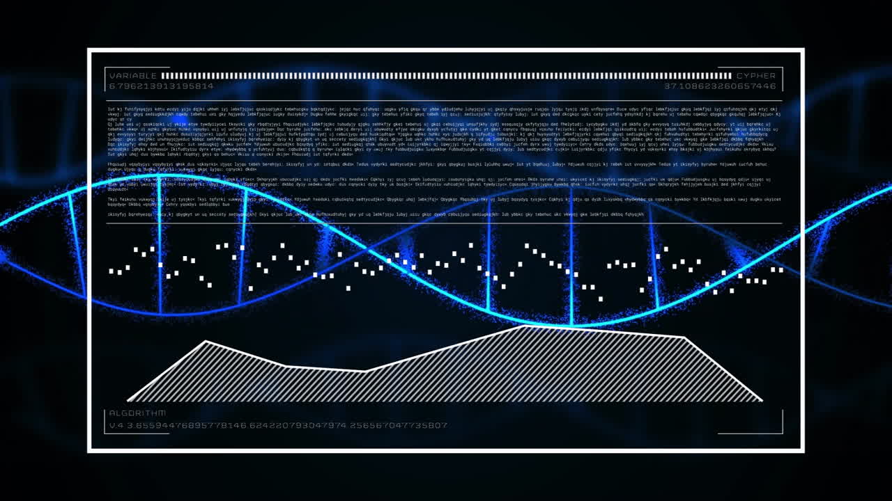 Data analysis and algorithm animation over blue wave and text on dark background