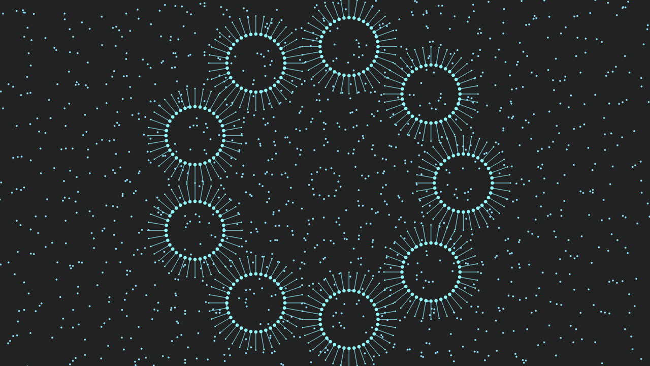 Futuristic glowing turquoise particle circles form a rotating hexagonal pattern on a dark background, creating a sci fi digital visualization ideal for technology, data, and motion graphics projects