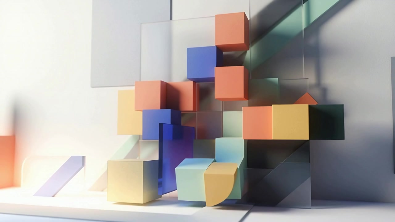 On playback sliding colored blocks clear panels and green ramp shifting on studio set forming stack