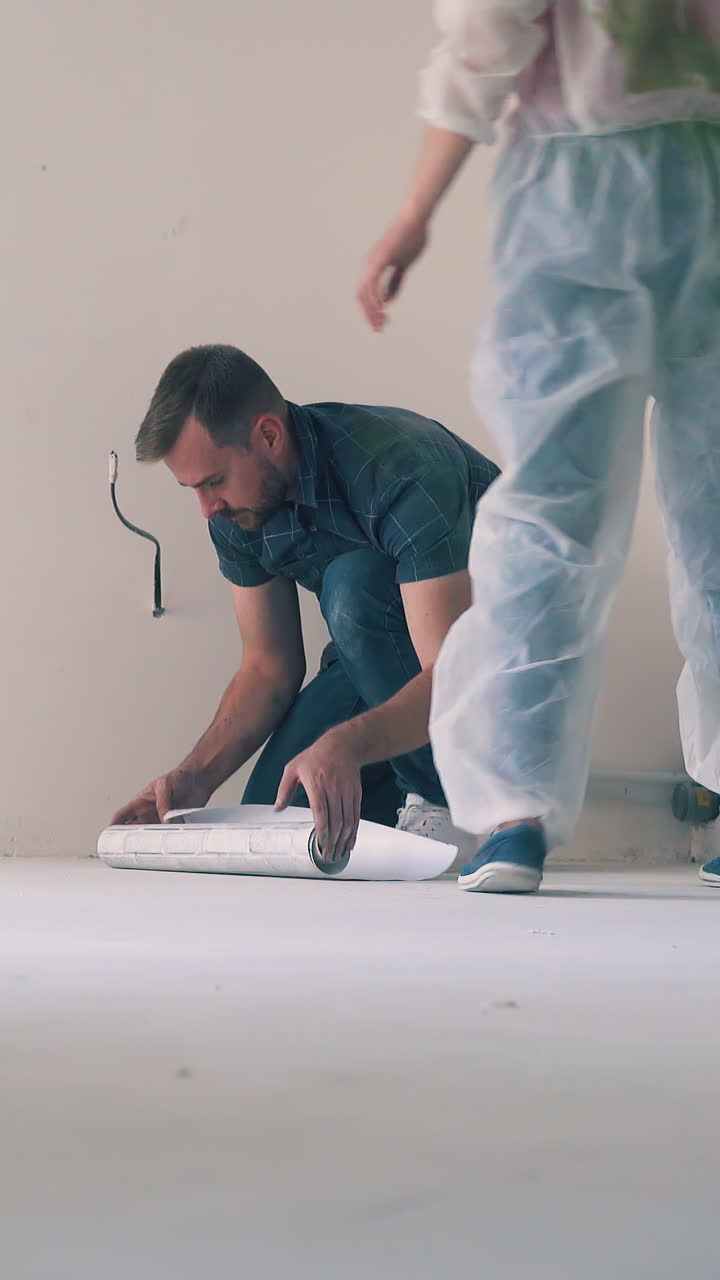 young bearded man with roll of light wallpaper sits on floor and woman in protective suit walks up along empty room