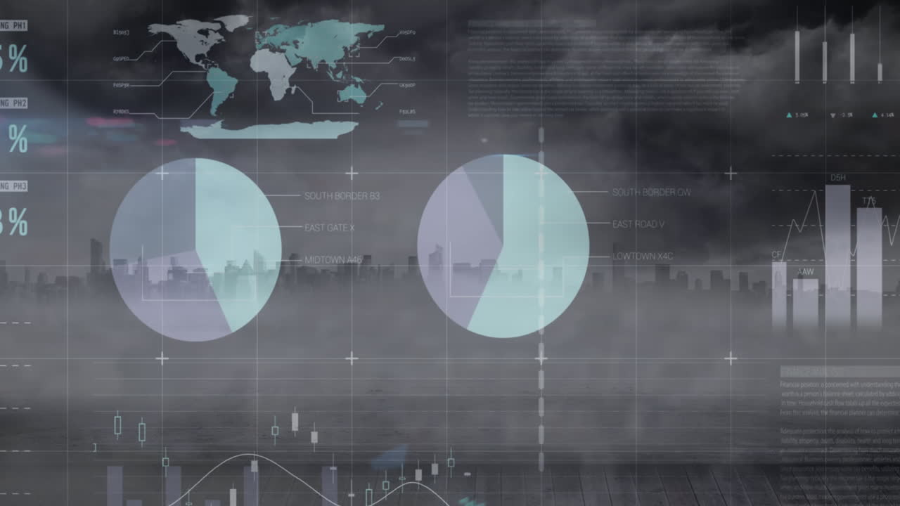 Animation av statistisk databehandling över rutnätverk mot flygvy av stadsbild