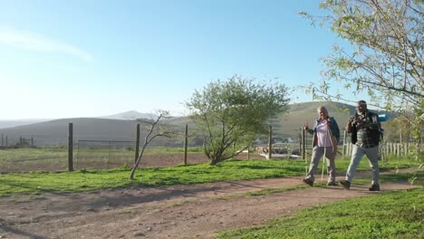 pareja de ancianos afroamericanos con mochilas caminando en la naturaleza soleada, cámara lenta