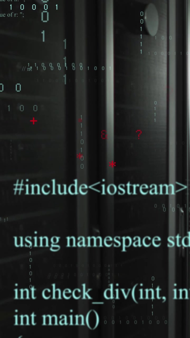 Animation of binary coding data processing and symbols against computer server room