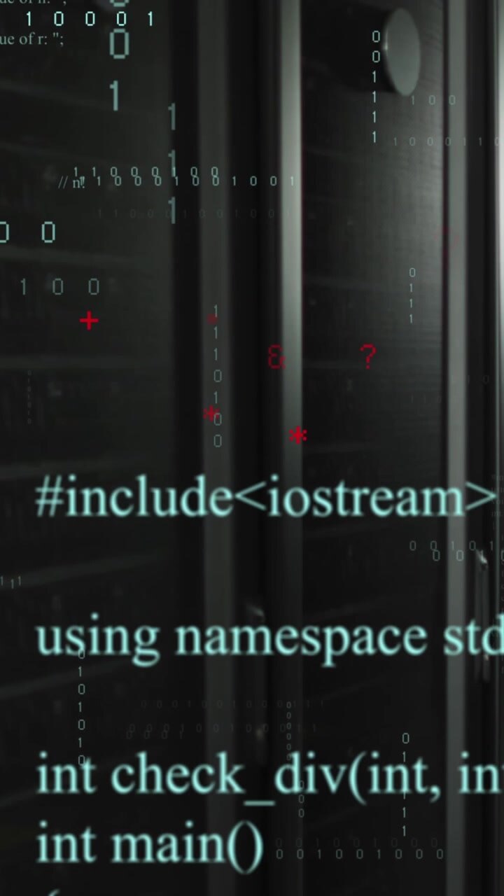 Animation of binary coding data processing and symbols against computer server room
