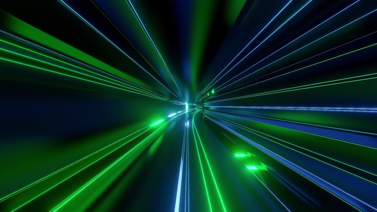 un túnel de alta tecnología abstracto en bucle de 4k con luces de neón, la cámara vuela a través del túnel, las luces de neon azul-verde parpadean. fondo de ciencia ficción al estilo de cyberpunk o futuro de alta tecnología. fondo 5