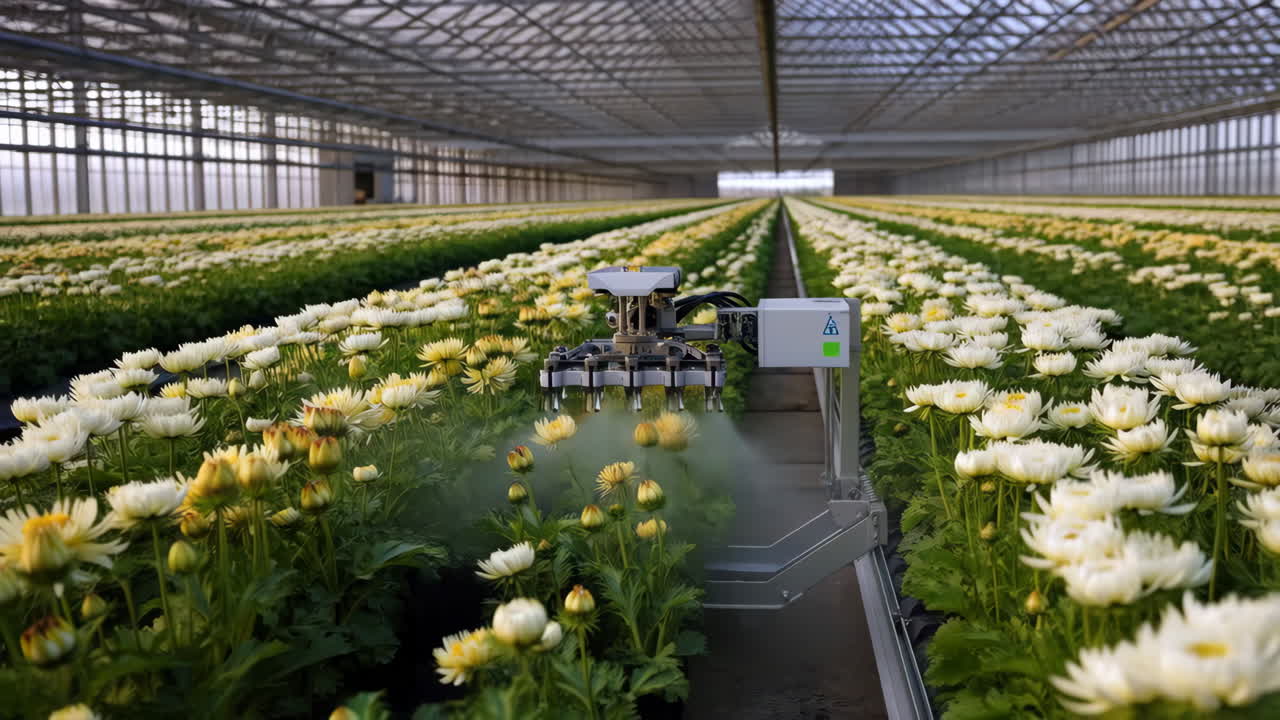 Robotic system spraying flowers in a large commercial greenhouse