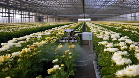robotic system spraying flowers in a large commercial greenhouse