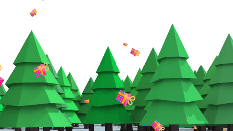 Animation-of-presents-falling-over-fir-trees-at-christmas