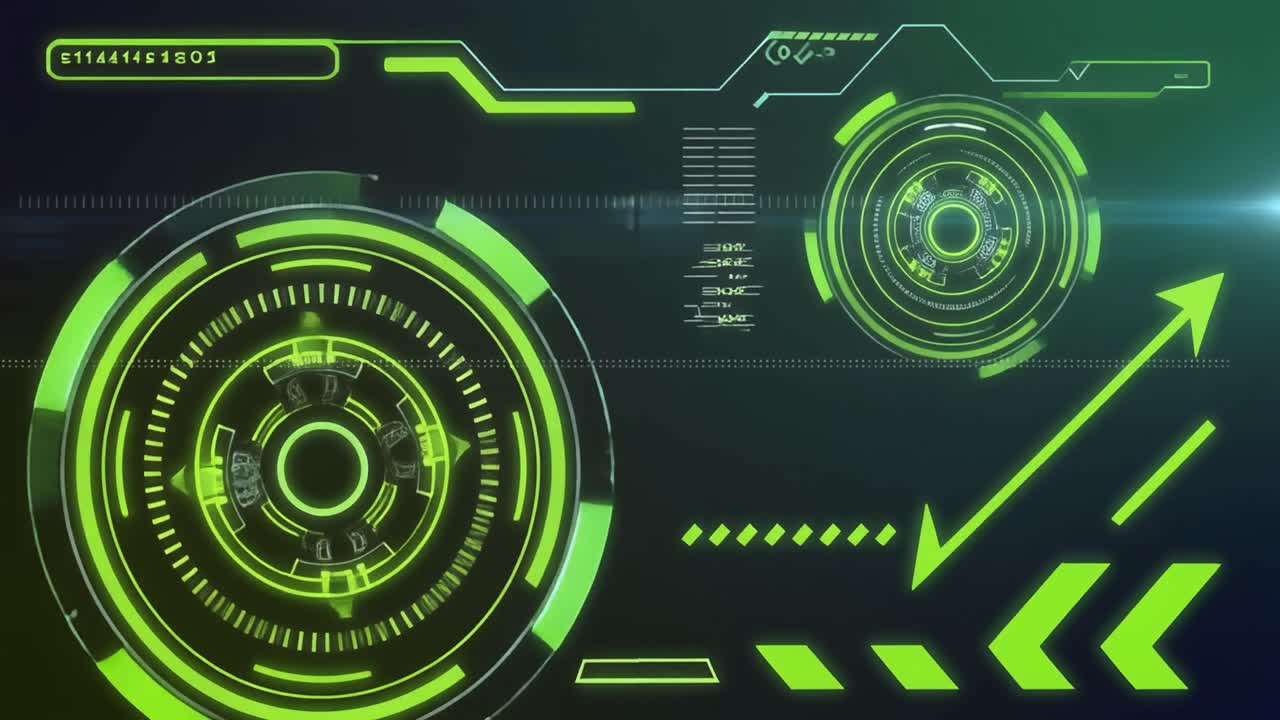 Animated Digital Interface with Glowing Green HUD Elements