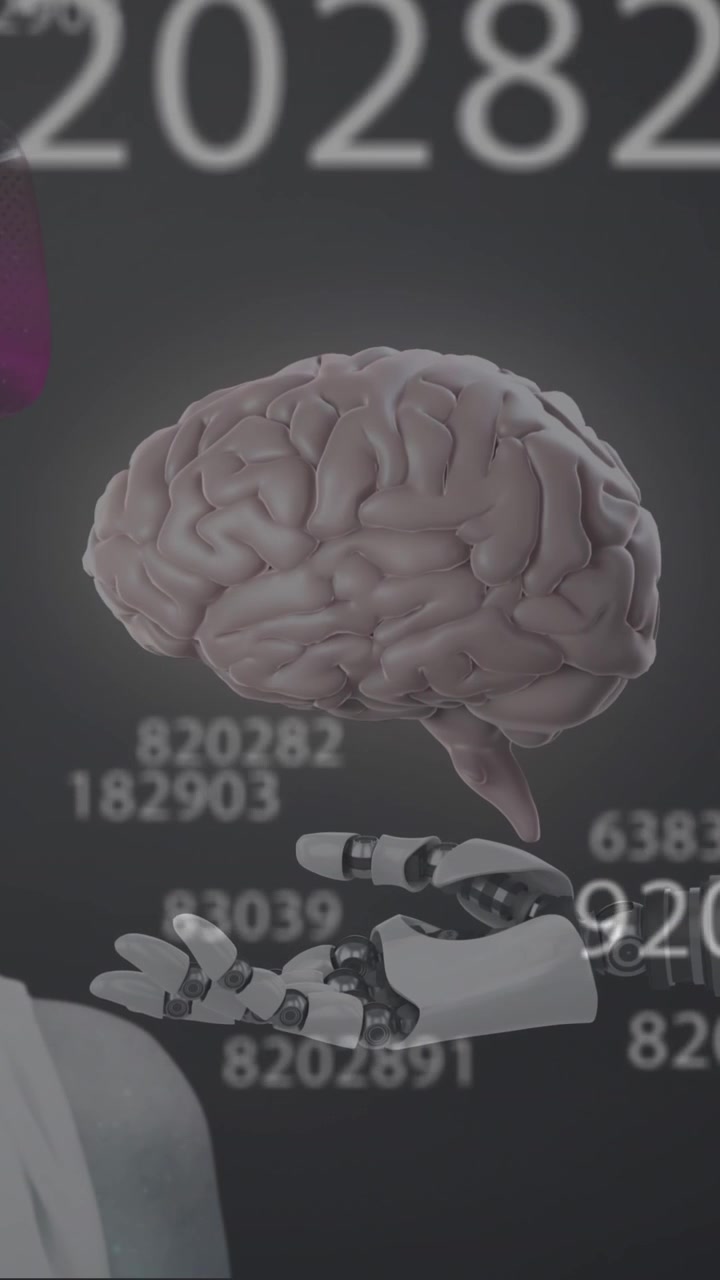 Animation of numbers changing, human brain over robot's arm and woman wearing vr headset
