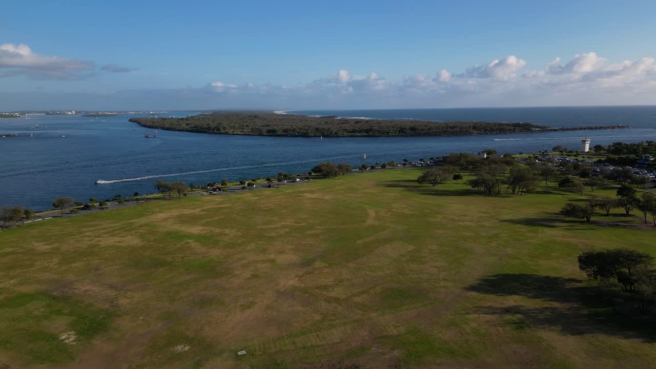 Aerial View over Doug Jennings Park looking North towards South Stradbroke Island, Gold Coast, Australia.