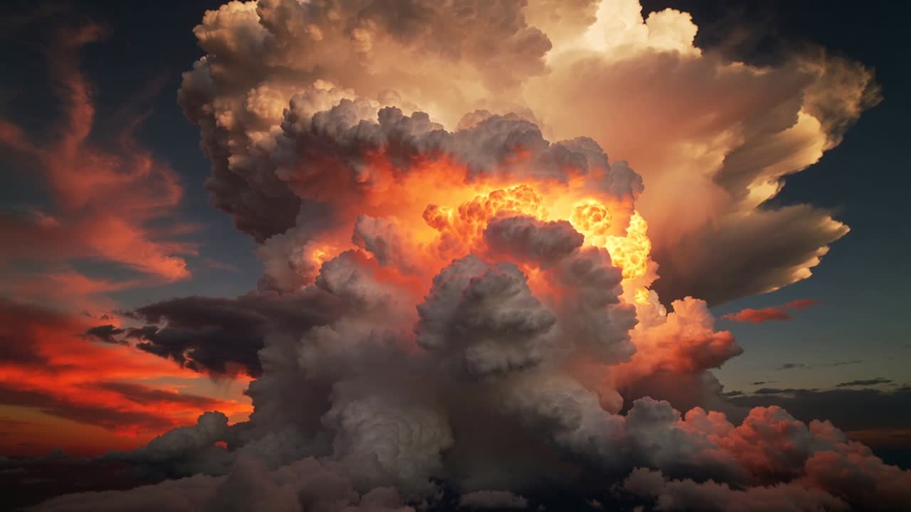 Growing cumulonimbus cloud developing glowing core with sunlight illuminating stratocumulus layers