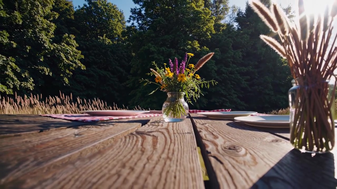 Rustic Picnic Table Set in a Sunny Green Meadow