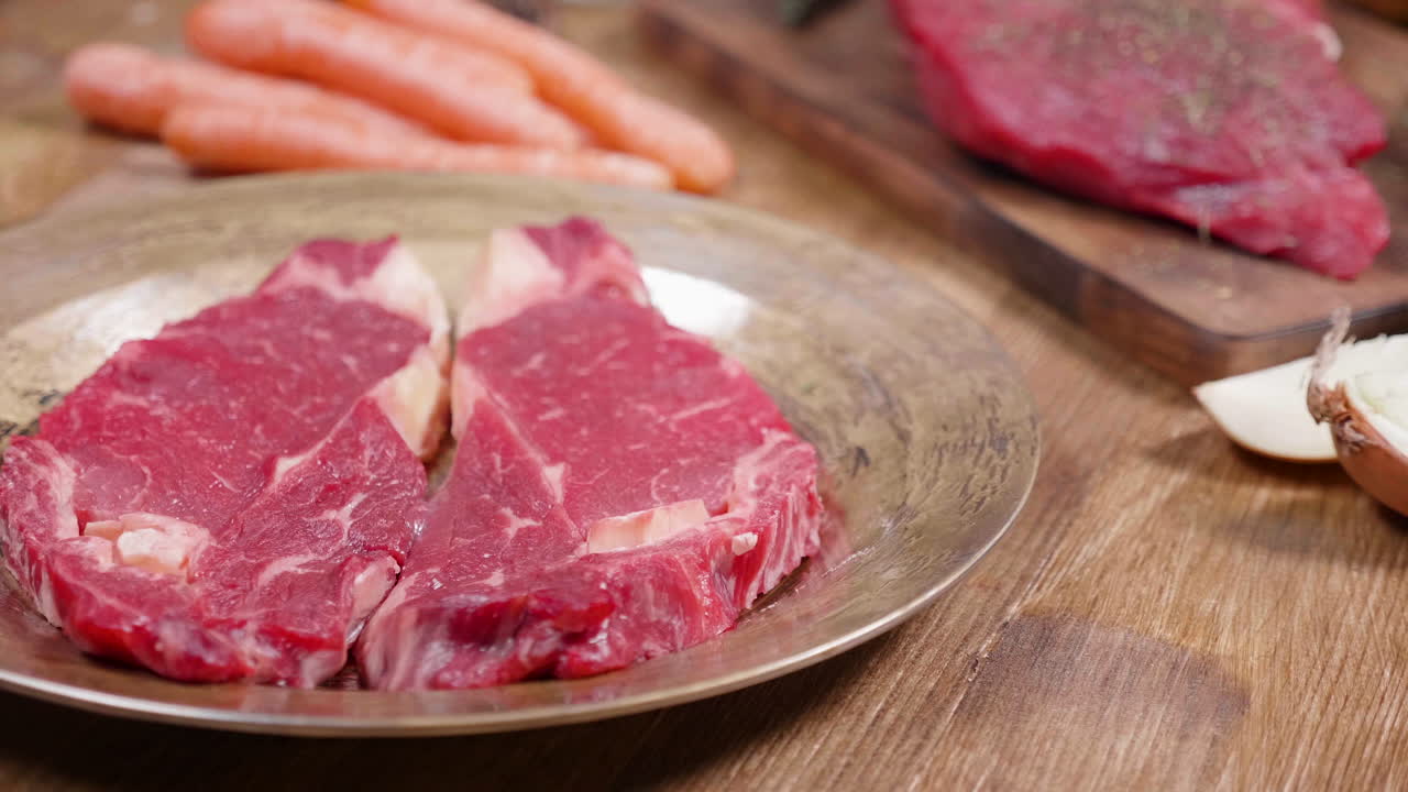 Raw steak and vegetables ingredients