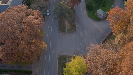 Vista-Aérea-Del-Bonito-Bulevar-En-Otoño-En-Color-Máximo-Con-Tirador-Por-La-Calle