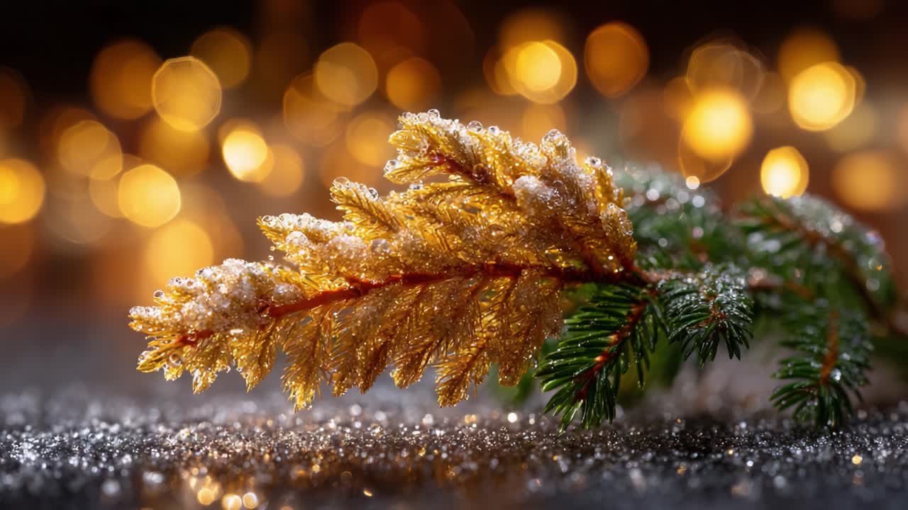 Un primo piano di un ramo di pino ghiacciato che luccica di tonalità dorate su uno sfondo di luci bokeh soffici e scintillanti, creando una magica atmosfera invernale