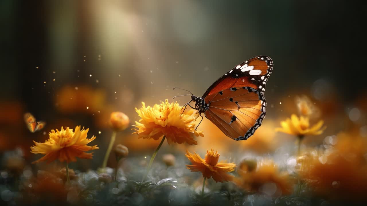 Ein atemberaubender Schmetterling, der anmutig auf leuchtend orangefarbenen Blumen sitzt und die Schönheit der Natur in einem heiteren und bezaubernden, lichtdurchfluteten Moment einfängt