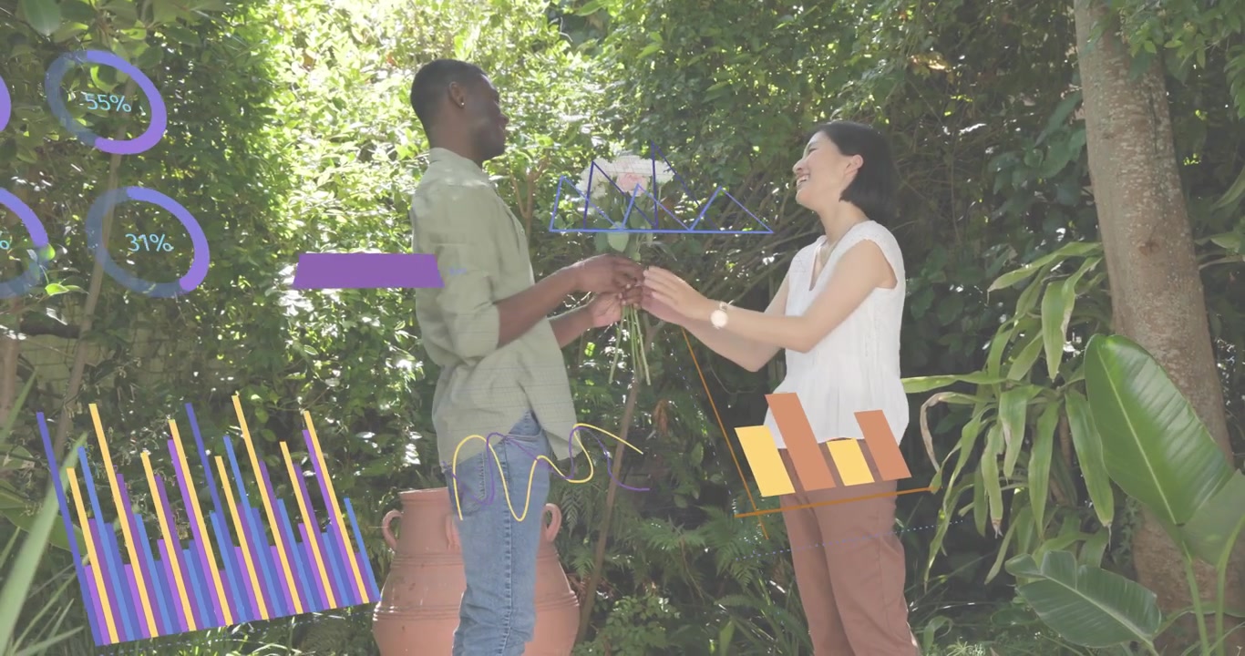 Coppia che cammina, l'uomo le copre gli occhi rivelando rose, sorprendendola con grafici di marketing