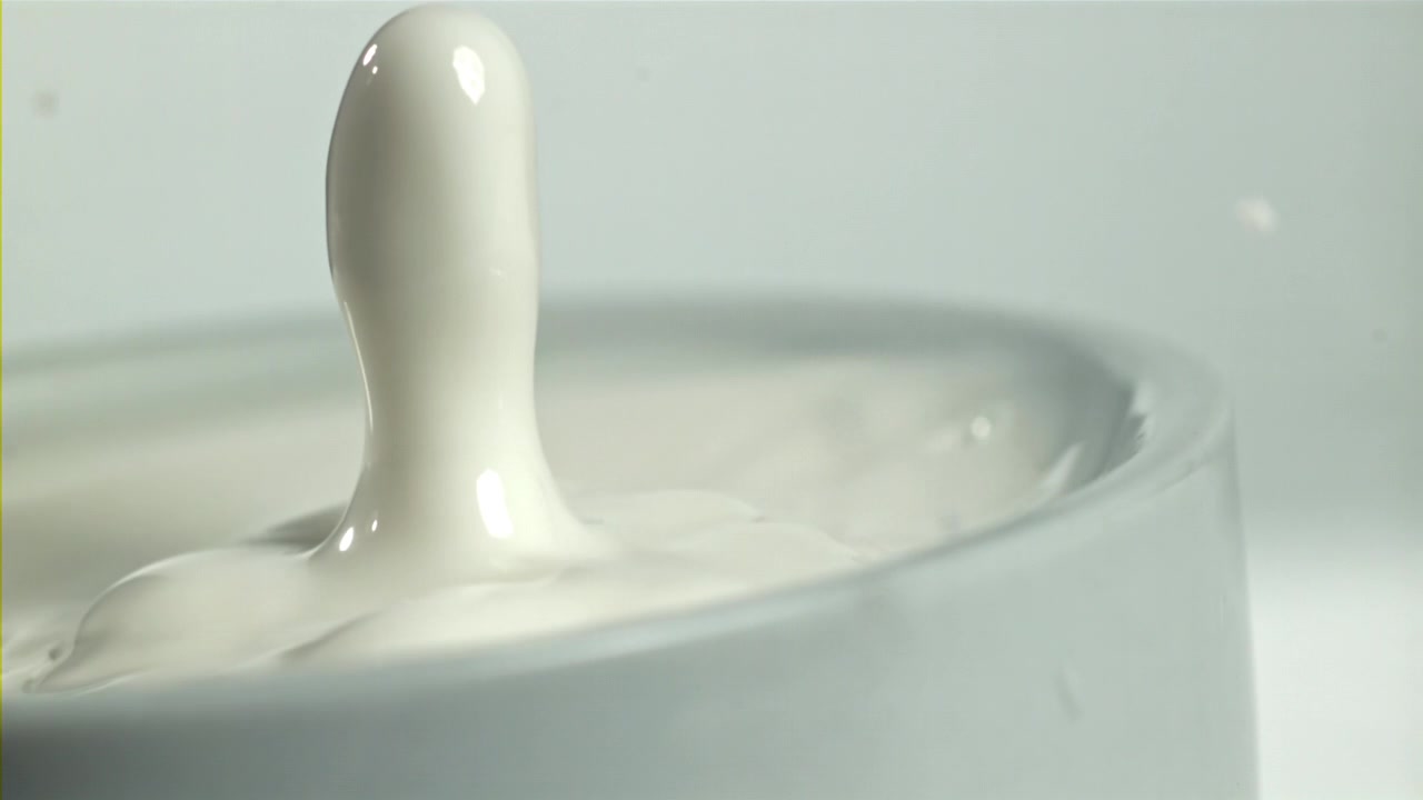 ボウルの中で牛乳のしずくがスローモーションではじけ、王冠の形になる