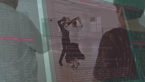 in studio, dancers practicing with animation of computer code and reflections