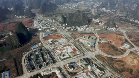 chinese urbanization development in karst mountain guangxi countryside, aerial