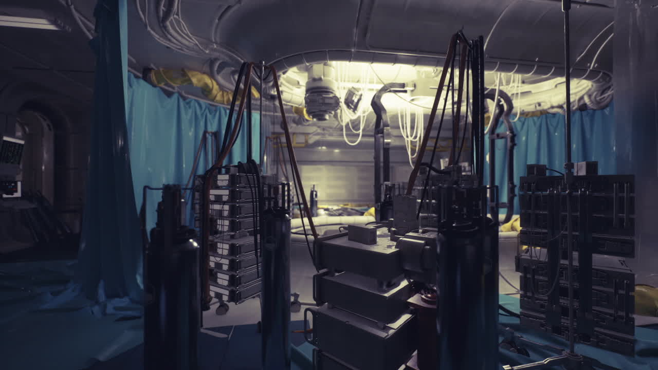 Laboratorio con equipo científico, ambiente iluminado con luz violeta