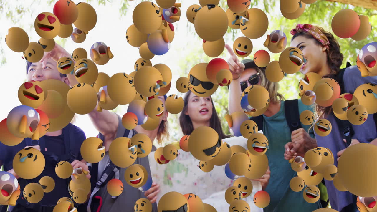 Laughing and talking, people with animated emojis floating over scene