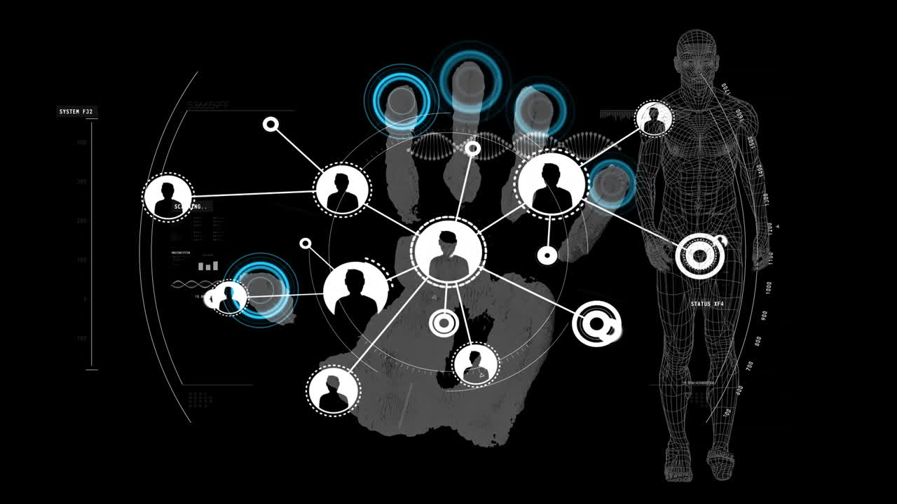 블랙 배경에 아이콘과 지문과 디지털 인간의 애니메이션