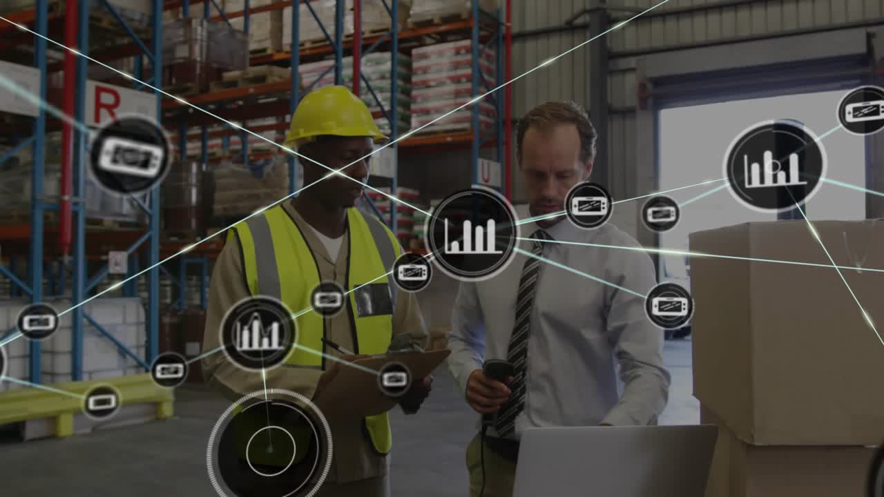 Lead pointing scanner, worker donning helmet checking clipboard as data overlays swelling for stock