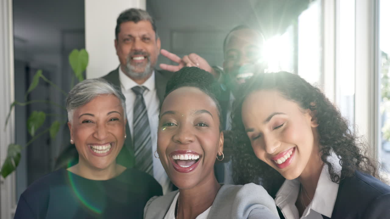 Business people, selfie and happiness in office