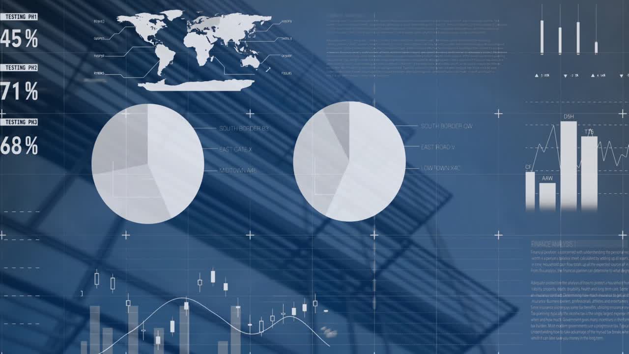 Animation of statistical data processing against low angle view of tall building