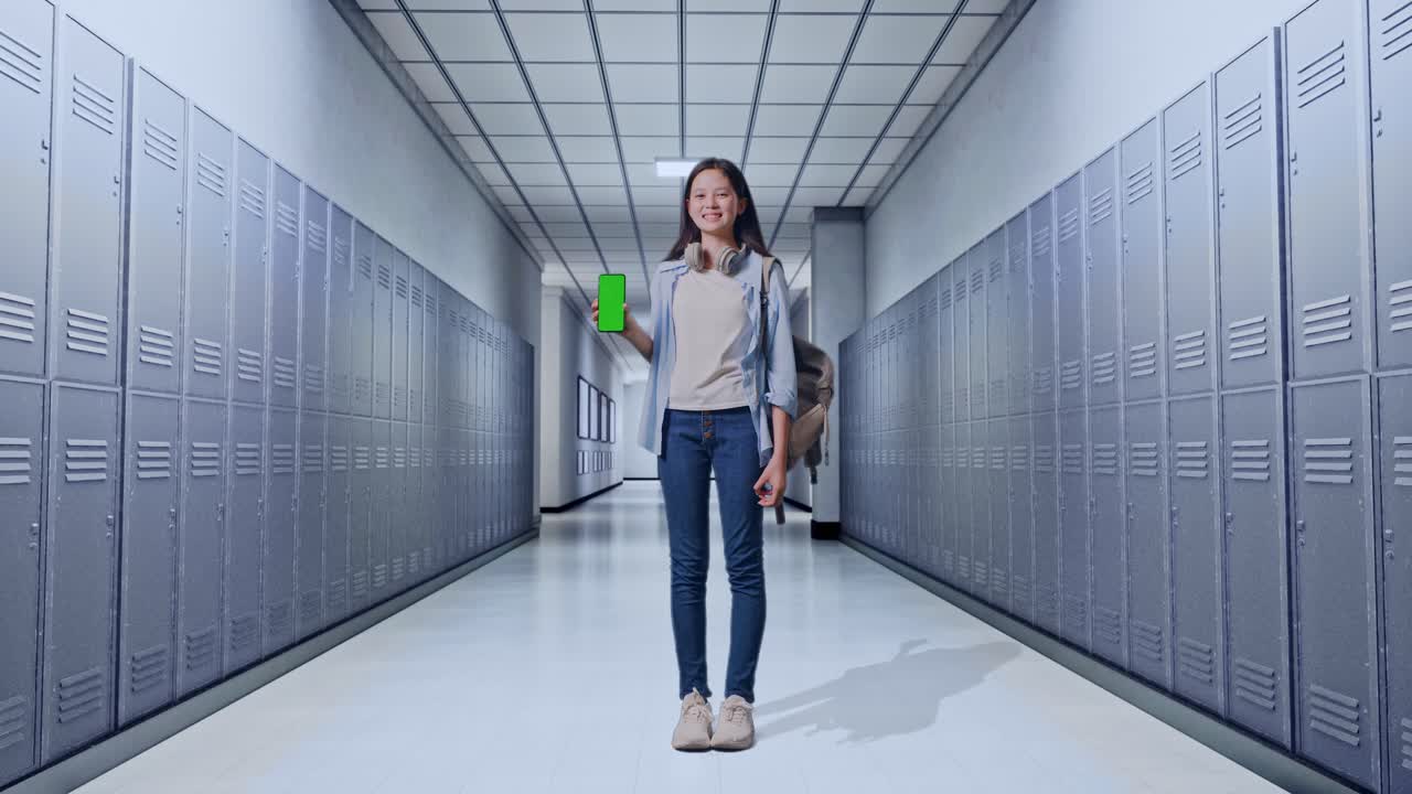 학교 복도에서 스마트폰을 가진 학생