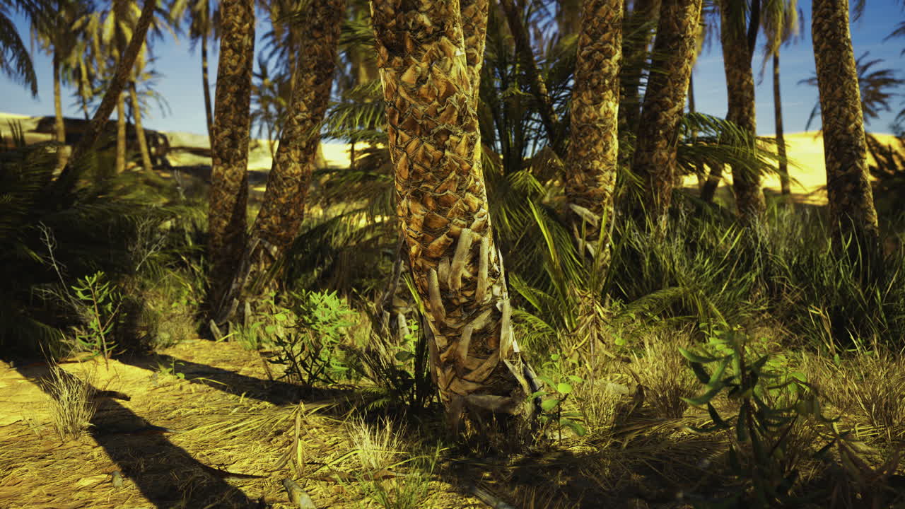 Desert oasis with lush palm trees and vibrant vegetation at midday