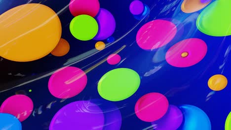 abstract looped background of shiny glossy surface like wavy blue liquid with rainbow color circles float like drops of paint in oil. beautiful creative background with color gradient in 4k. 3d