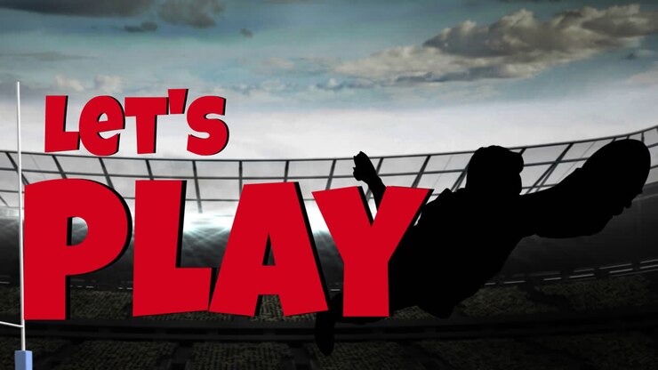 Animation af 'let's play'-tekst med rugbyspiller-silhuet på stadion