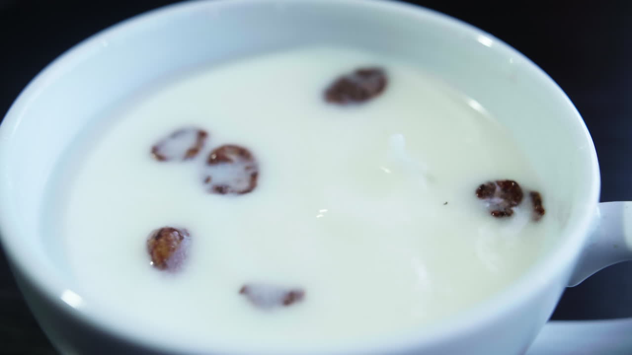 Rallentatore di fiocchi di cereali al cioccolato che cadono nel latte