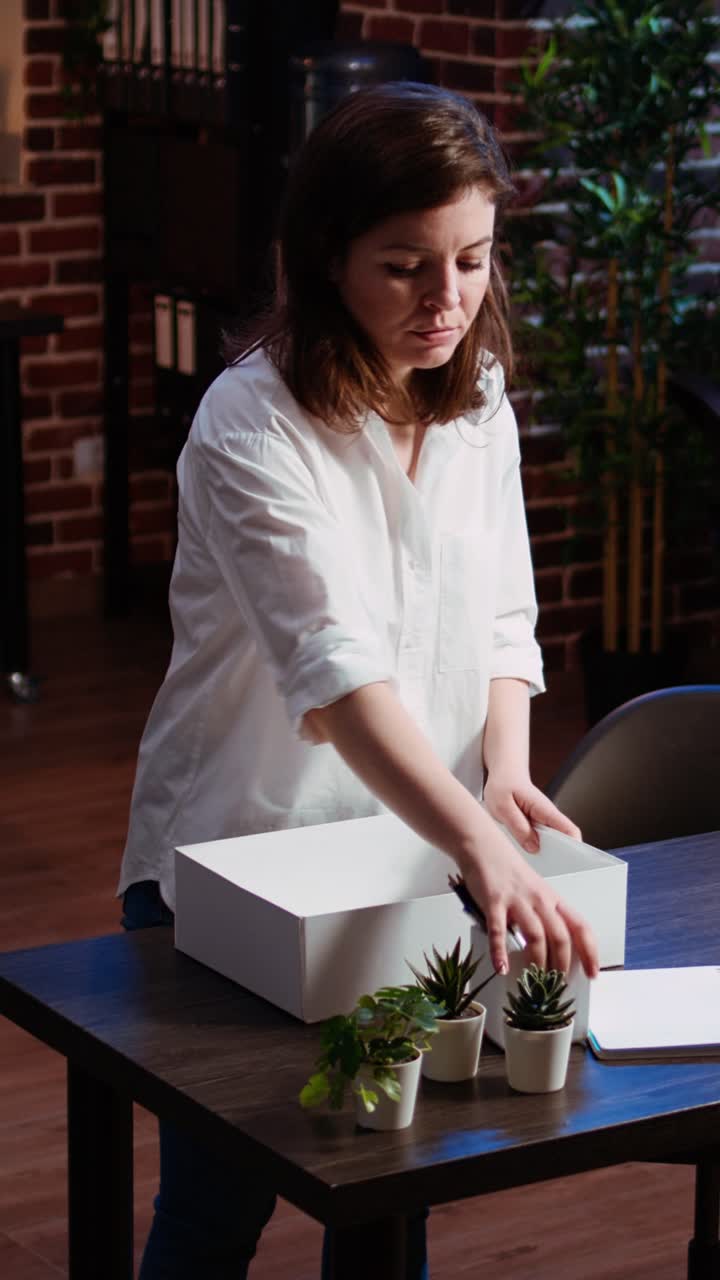 Vertical video Frustrated employee packing desk belongings after being fired, saying goodbye