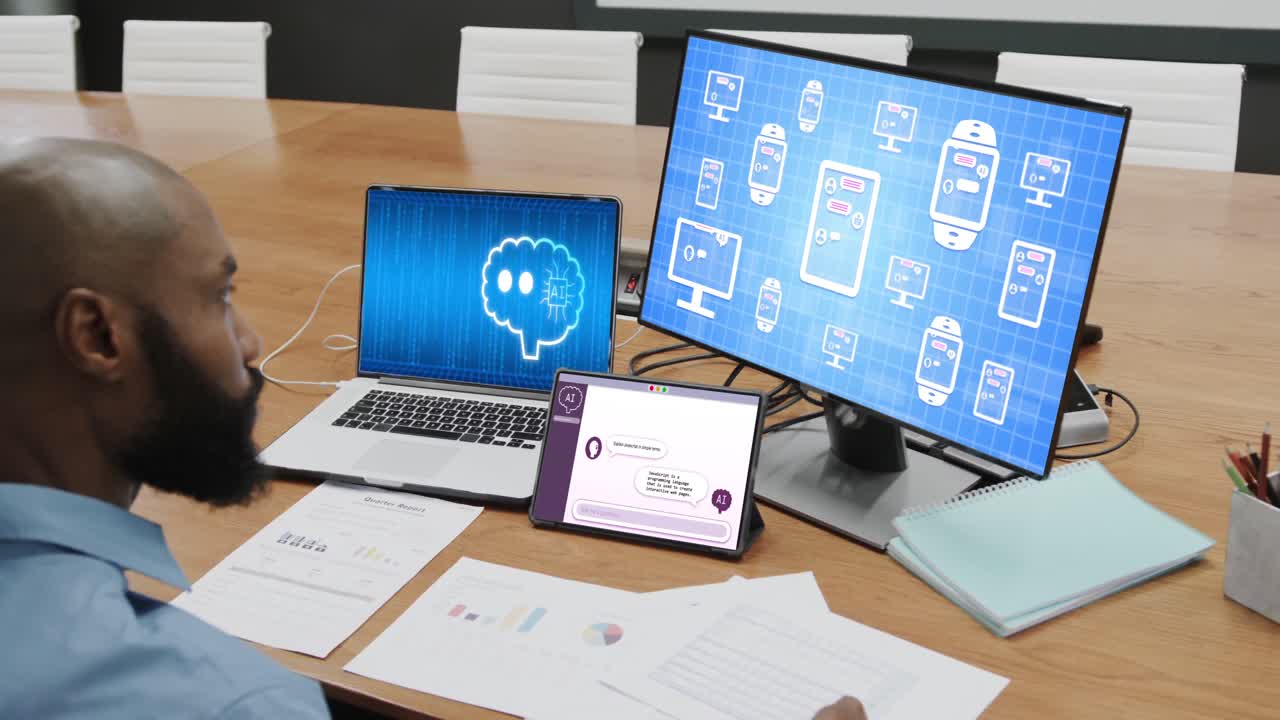 Composition of african american man using laptop and computer with ai chat on screen