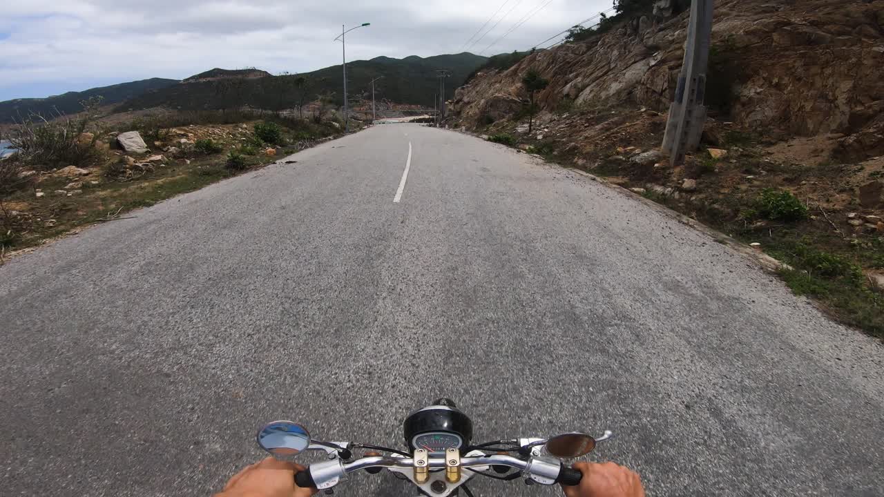 Driving retro white Honda on scenic road in Vietnam. Fpv pov